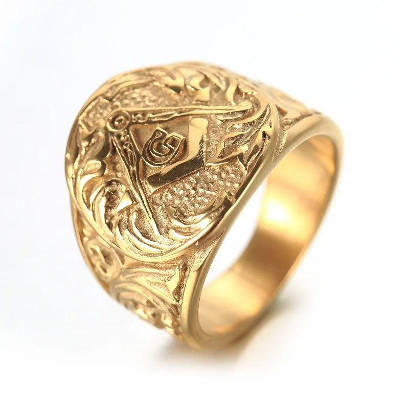 Anel maçônico masculino com estampa em relevo, dourado e prateado, em aço inoxidável 316L, nova joia da Lebuy™