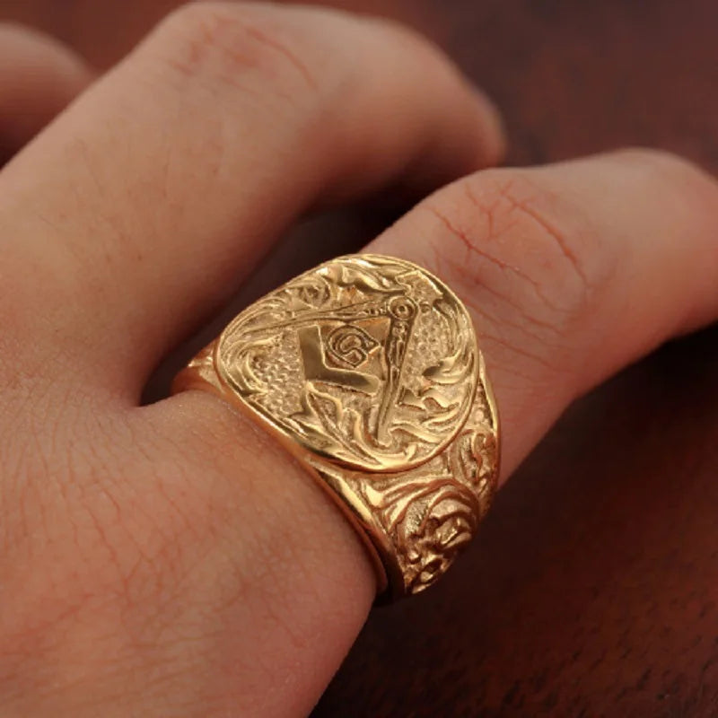 Anel maçônico masculino com estampa em relevo, dourado e prateado, em aço inoxidável 316L, nova joia da Lebuy™